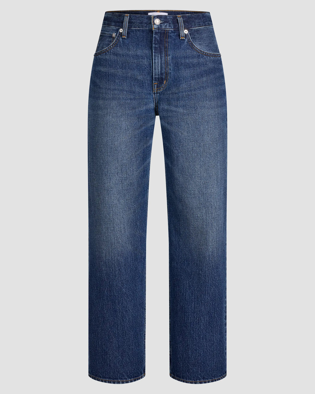 Mid-rise, straight-leg Japanese denim in vintage indigo with subtle thigh fading; visible stitching and five-pocket detail.