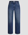 Mid-rise, straight-leg Japanese denim in vintage indigo with subtle thigh fading; visible stitching and five-pocket detail.