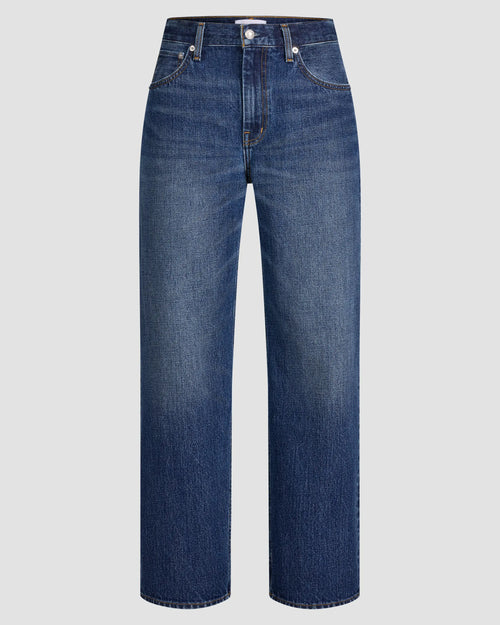 Mid-rise, straight-leg Japanese denim in vintage indigo with subtle thigh fading; visible stitching and five-pocket detail.