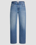 Oketo Cut 101 Straight Jean, a Mid-rise, straight-leg Japanese denim jean in light indigo with thigh and knee fading, visible stitching, five pockets, and clean hems.