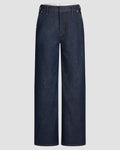 Mid-rise, wide-leg Japanese denim jeans in deep indigo rinse, slant cut pockets, zip fly finish.