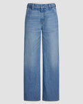 Mid-rise, wide-leg Japanese denim jean with structured silhouette, subtle thigh fading, slant cut pockets, zip fly finish.