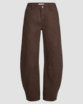 Oketo Cut 103 Barrel Jean, a Mid-rise, wide-leg barrel-cut jean in deep espresso denim with knee seam detail, front pockets. Pleated hem detail at cuff adds volume.