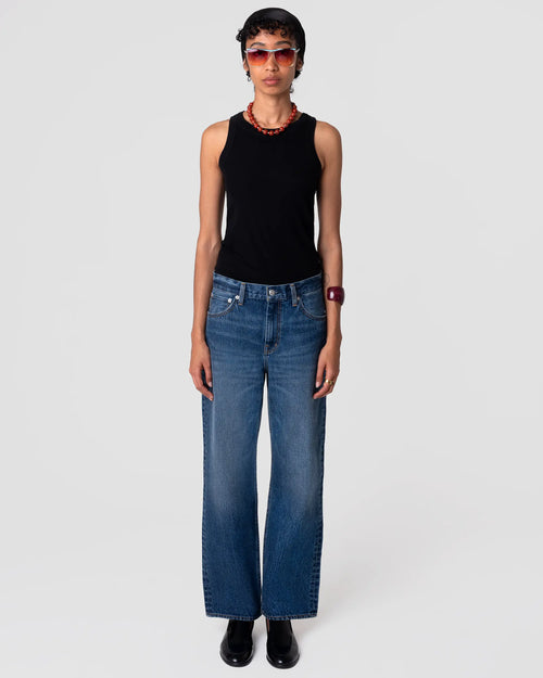 Front view of Oketo Cut 101 Straight Jean in Vintage Dark; structured, mid-rise fit with a clean indigo finish and straight leg opening.