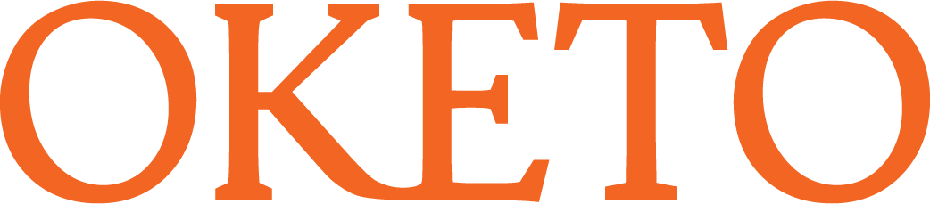 No denim garment present; large, bold orange serif letters spelling "OKETO" on a light gray background.
